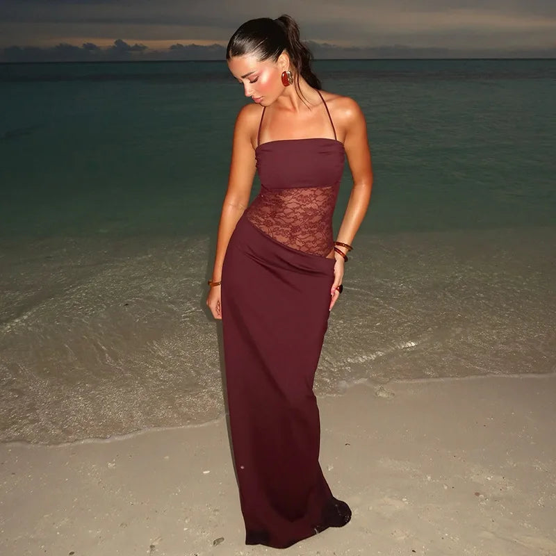 Elegant Maxi Dress with Lace and Tie Straps - Indigo
