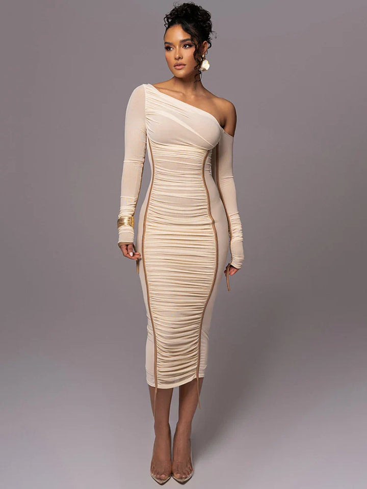 Midi ruched dress with asymmetrical neckline - LOV