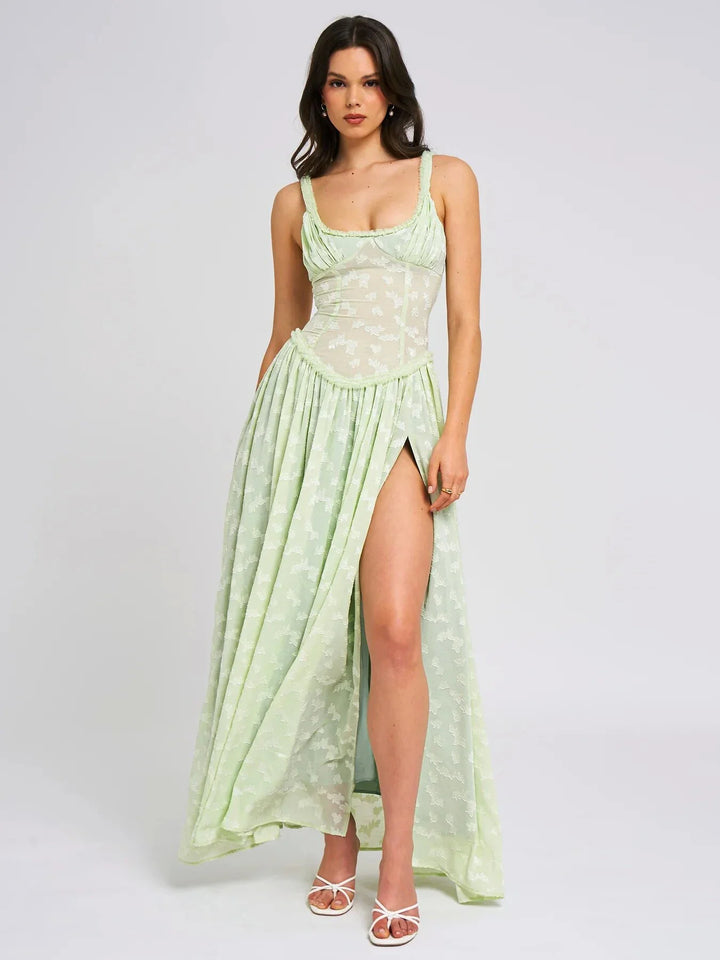 Chiffon Maxi Dress with Floral Embroidery, A-Line Cut, and Slit Design - Alejandra