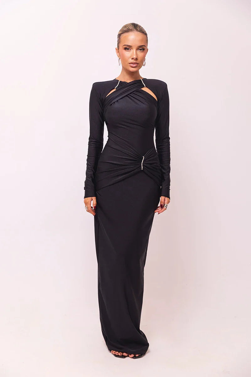 Shaping Fabric Maxi Dress with Ruched Decoration and Rhinestone Buckles - Sadie