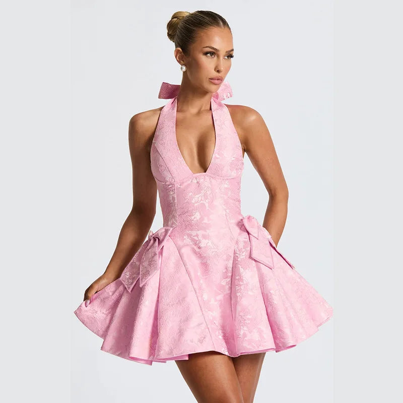 A-line mini dress with neck tie and embroidered floral illustration with bow details - Carolina