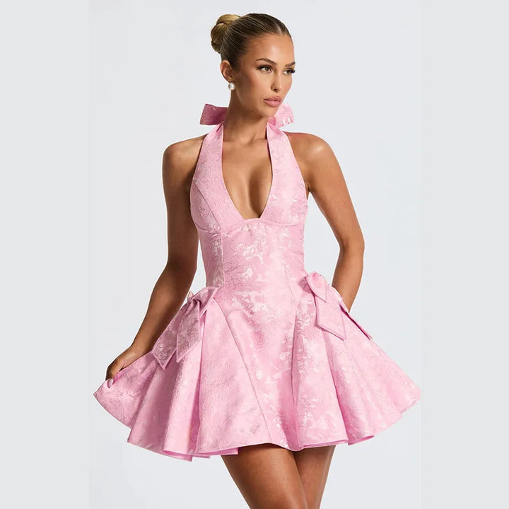 A-line mini dress with neck tie and embroidered floral illustration with bow details - Carolina