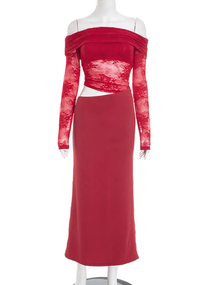 Maxi off-shoulder dress with lace and neckline design - LOLA
