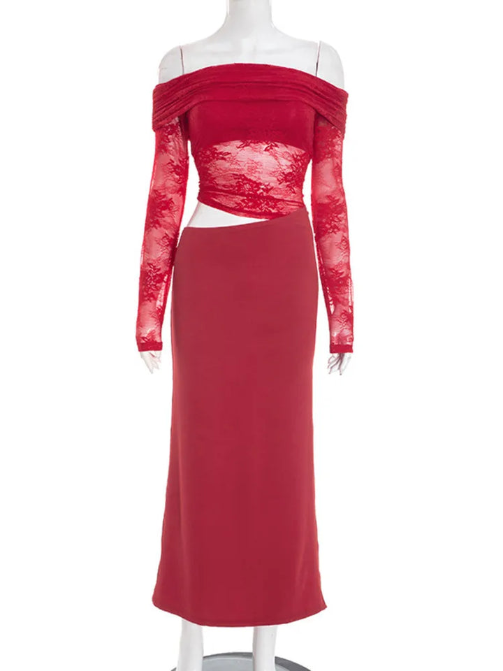 Maxi off-shoulder dress with lace and neckline design - LOLA