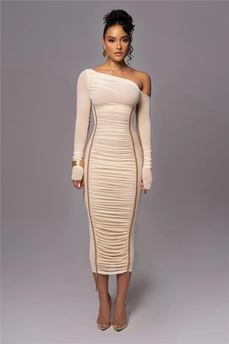 Midi ruched dress with asymmetrical neckline - LOV