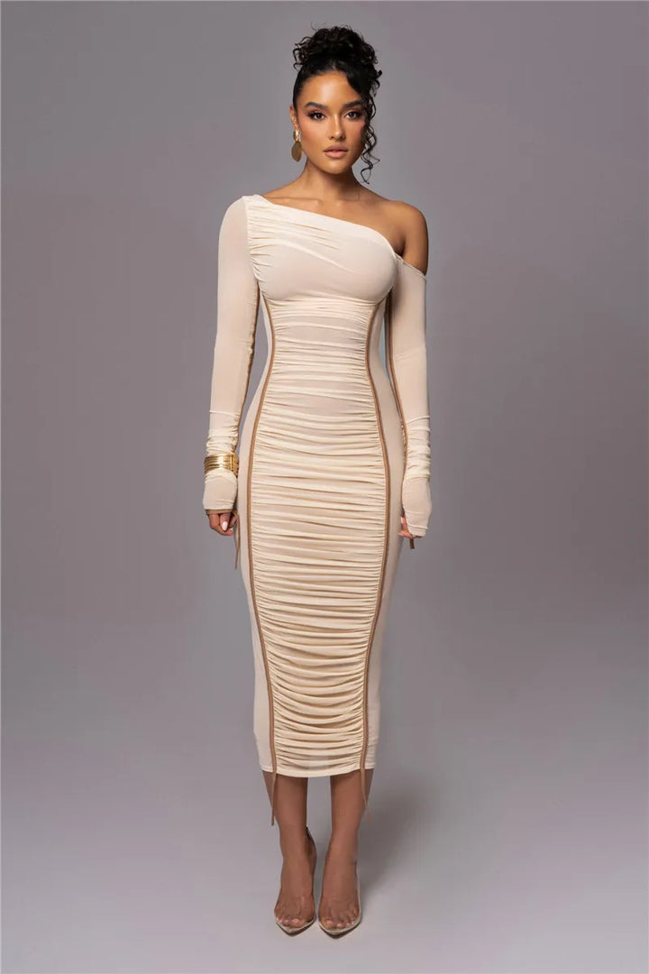 Midi ruched dress with asymmetrical neckline - LOV
