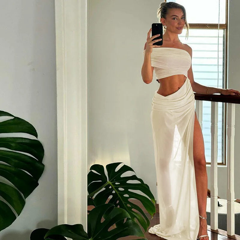 Asymmetric Chiffon Maxi Dress with Slit - Shi Lin