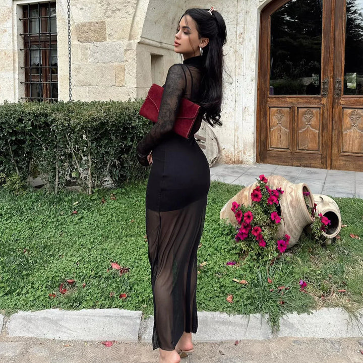 Mesh Maxi Dress with Turtleneck Underskirt - Isabella