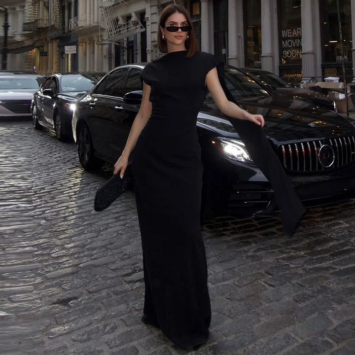 Elegant evening maxi dress with open back and train decoration - Ataret
