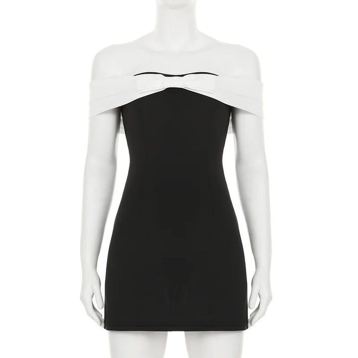 A-line mini dress with bow decoration and off-shoulder design - Heleny