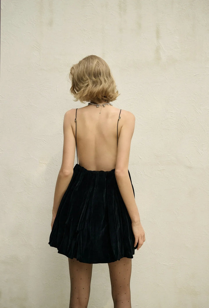 Velvet Mini Balloon Dress with Open Back - Myla
