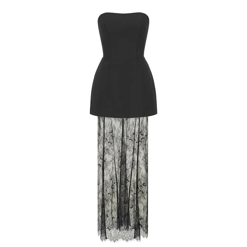 Elegant two-piece set strapless top and maxi lace skirt - Juline