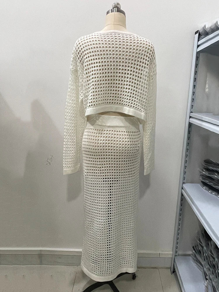 Two-Piece Crochet Mesh Set with Maxi Skirt and Crop Top - Blanca