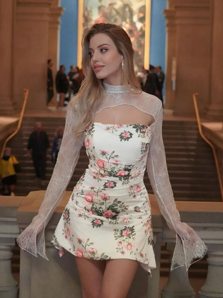 Floral mini dress with lace decoration - Sigal