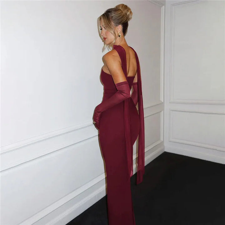 Maxi strapless dress with glove and chiffon scarf decoration - Annabel