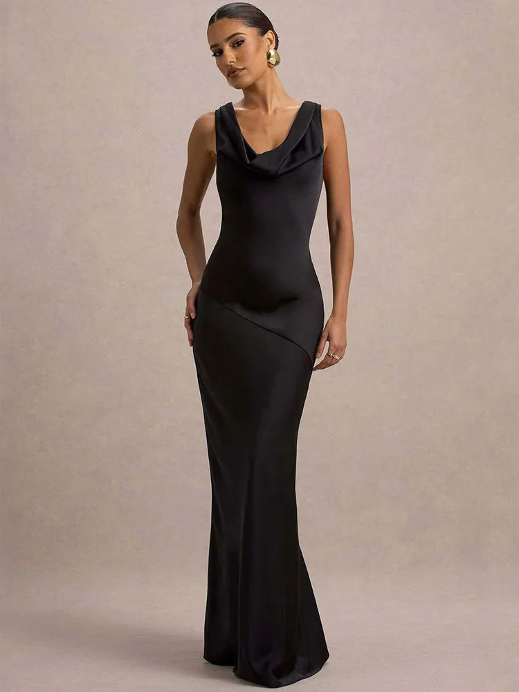 Maxi satin dress with draped collar and open back - Alexis