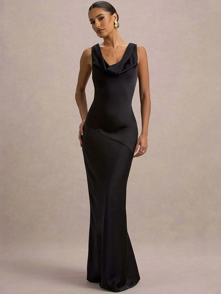 Maxi satin dress with draped collar and open back - Alexis