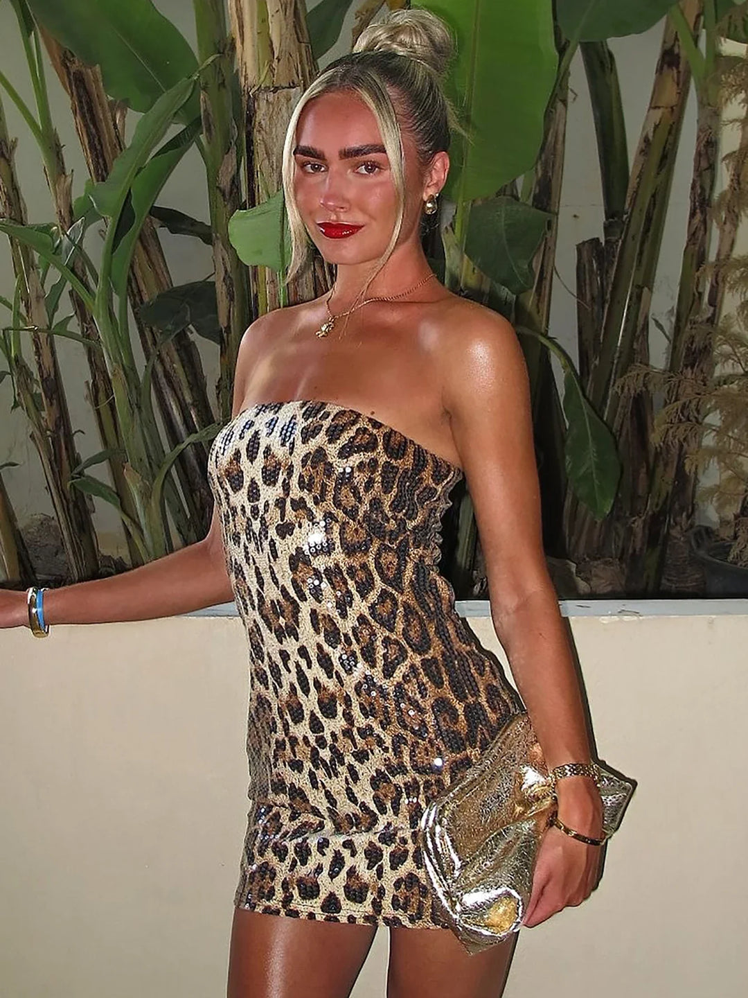 Strapless Sequin Leopard Print Mini Dress - Veronica