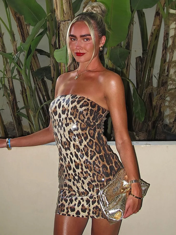 Strapless Sequin Leopard Print Mini Dress - Veronica