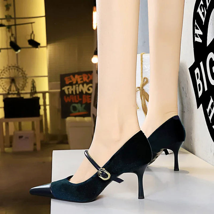 Pointed Heel Shoes with Velvet and Faux Leather Buckle Decoration - Mabel