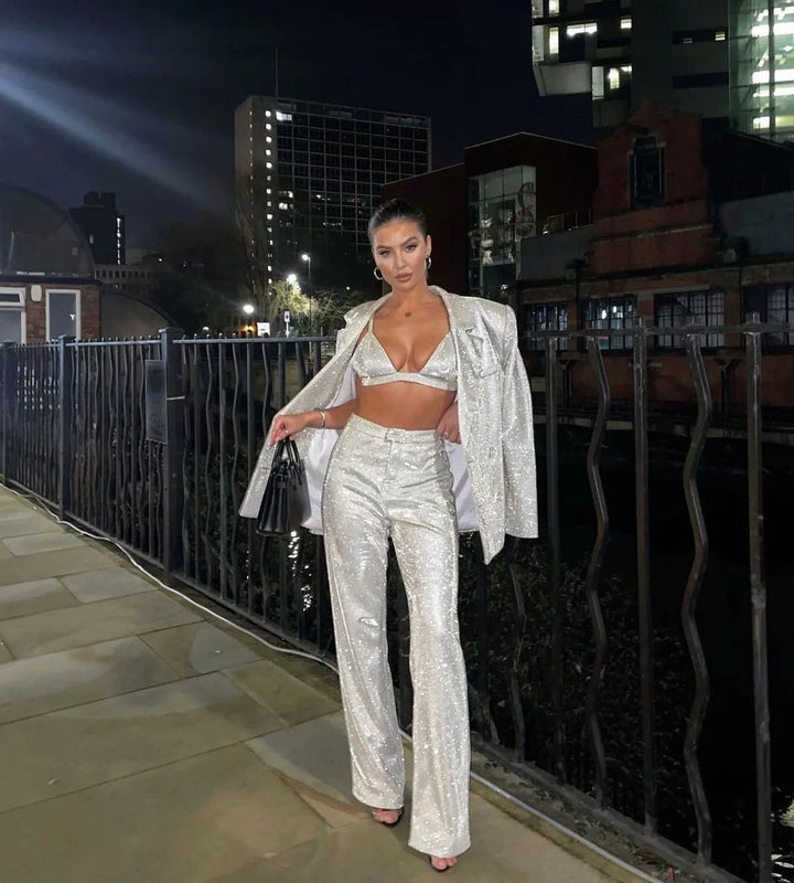 Three-Piece Sequin Suit with Bra, Blazer, and Long High-Waisted Pants - Pasha
