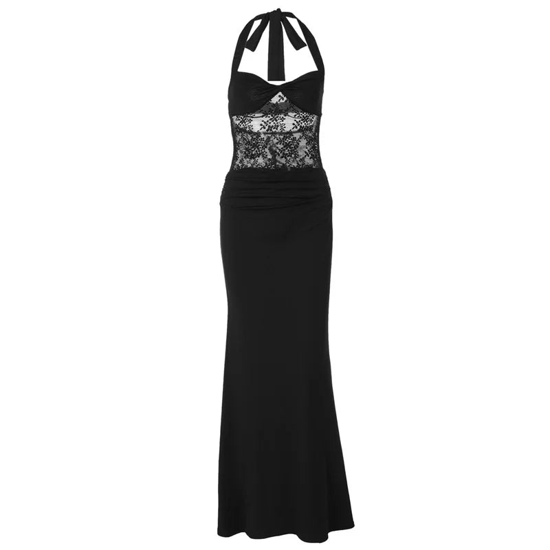 Maxi Dress with Lace and Tie at the Nape, Open Back - Nahora