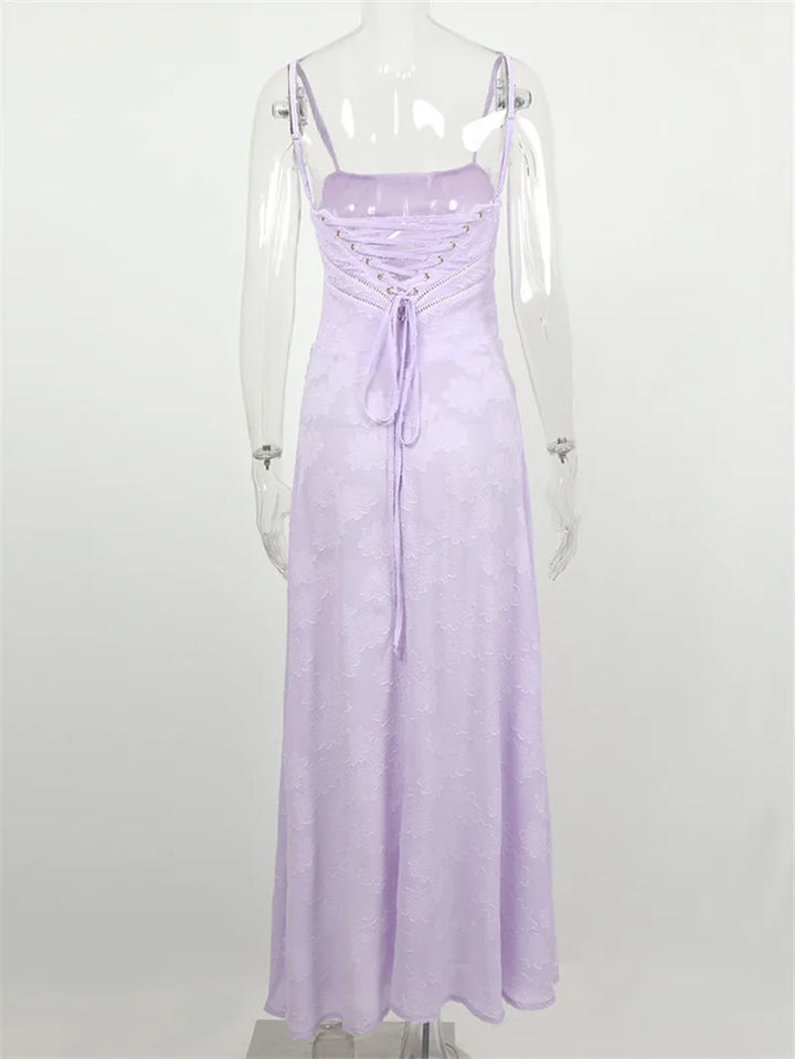 Maxi Dress with Floral Embroidery, Back Tie for Waist Fit - Millie
