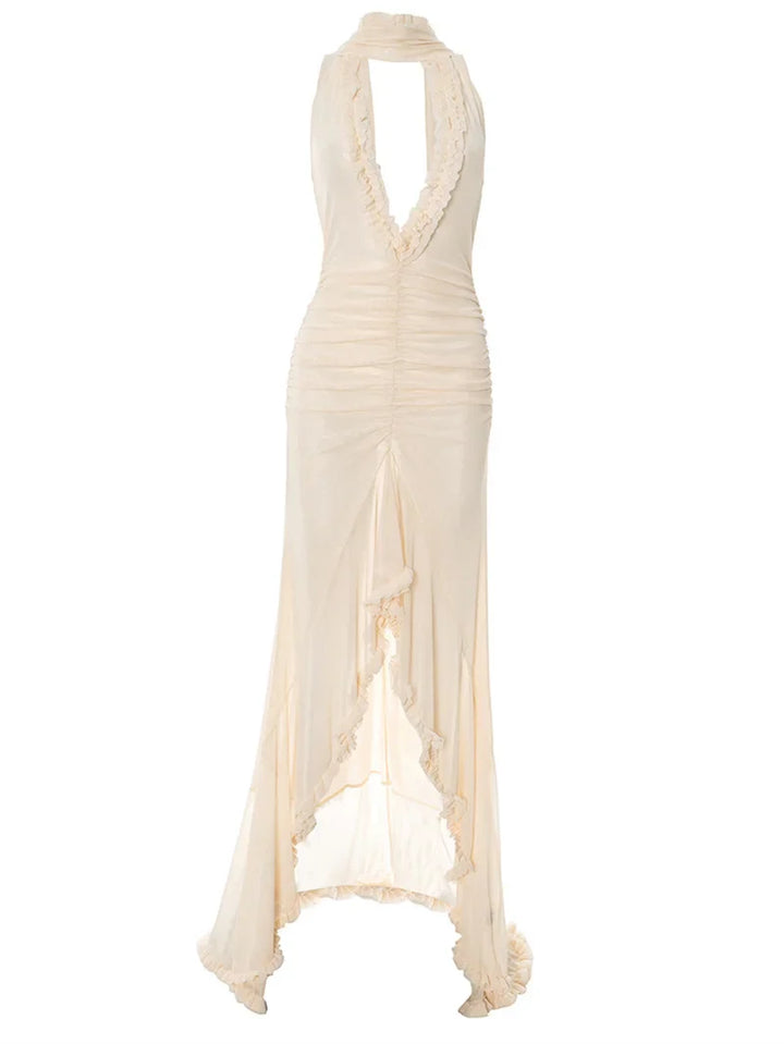 Maxi chiffon dress with ruffles and asymmetric design with matching scarf detail - Milka