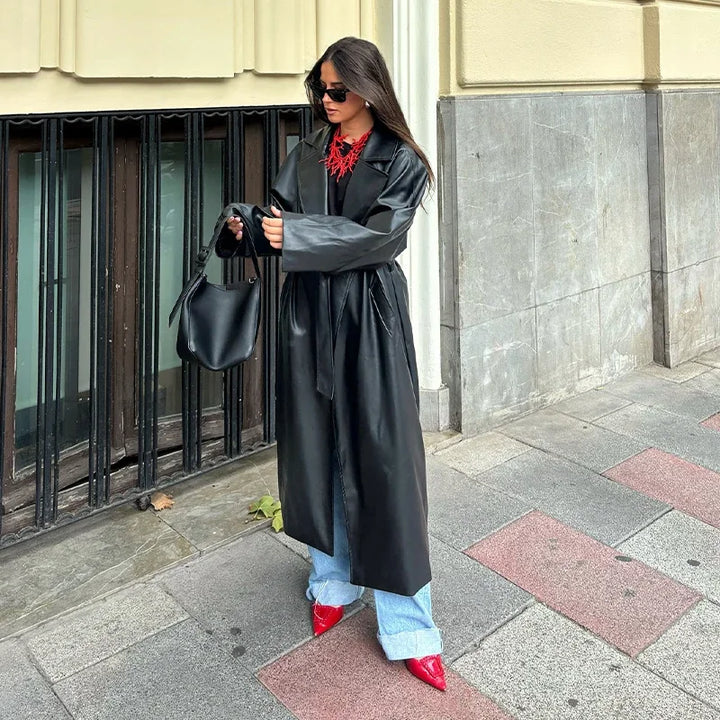 Long Leather Coat with Tie Belt - Sol