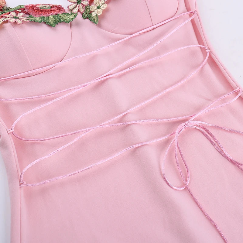 Mini Dress with Embroidery and Flower Straps with Satin Tie String Decoration - Lilia