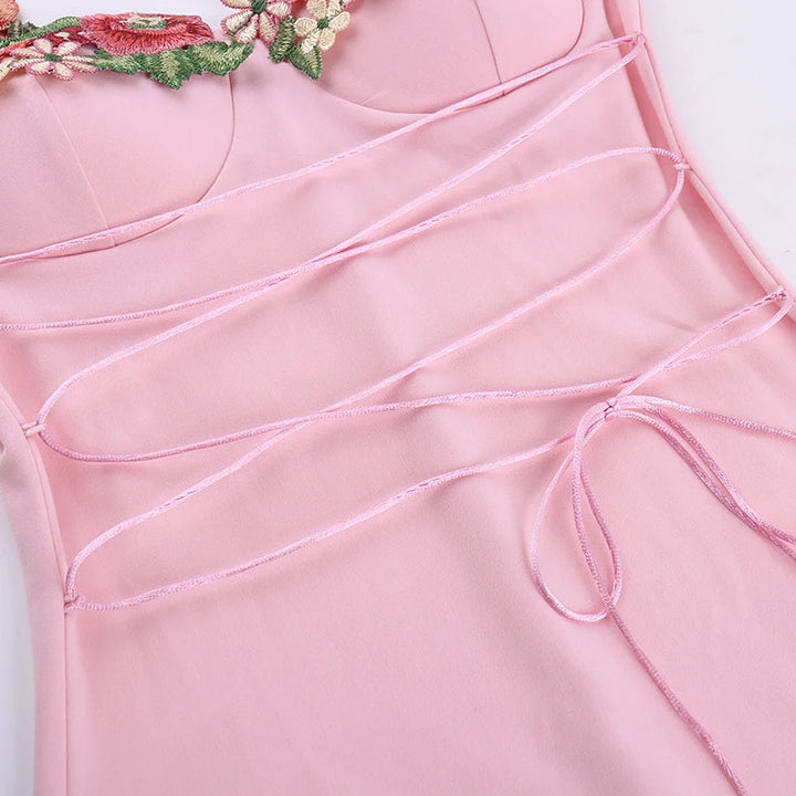 Mini Dress with Embroidery and Flower Straps with Satin Tie String Decoration - Lilia