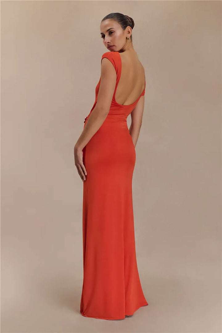 Elegant Maxi Dress with Ruching, One Sleeve, and Buckle Detail - Agatha