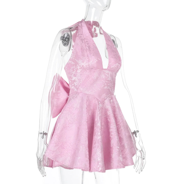 A-line mini dress with floral embroidery, bow detail on the back, tie-back design for waist fit and neck tie - Pearl
