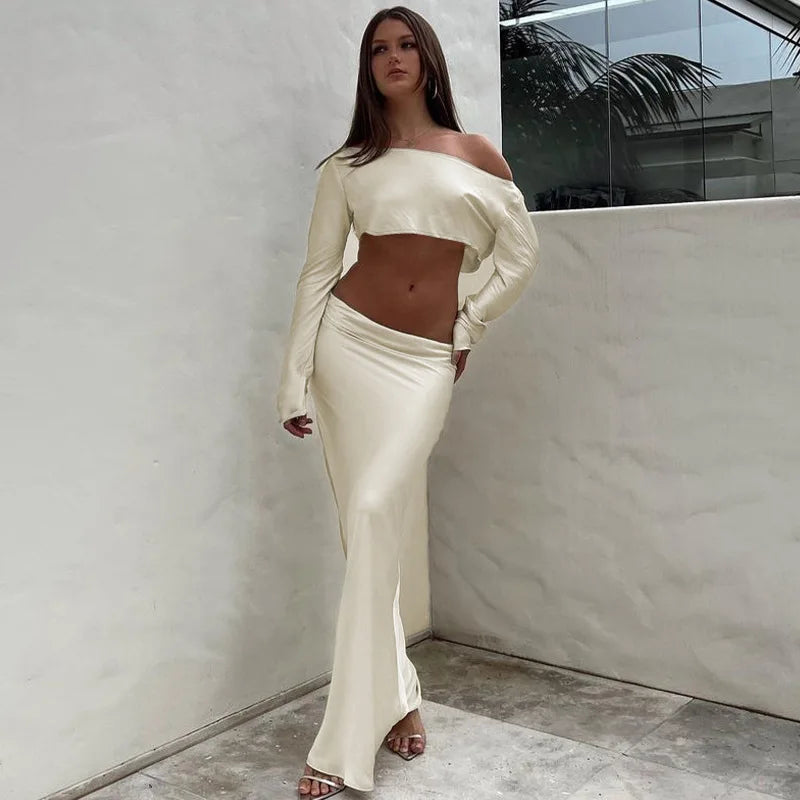 Two-piece satin set with blouse and maxi skirt - Daniela