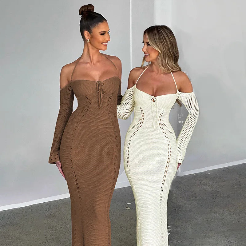 Knitted Dress with Long Sleeves and Bare Shoulders - Alaya
