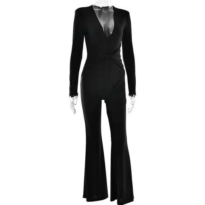 Fitted long jumpsuit with shaping fabric, deep V neckline, and cross decoration - Laini