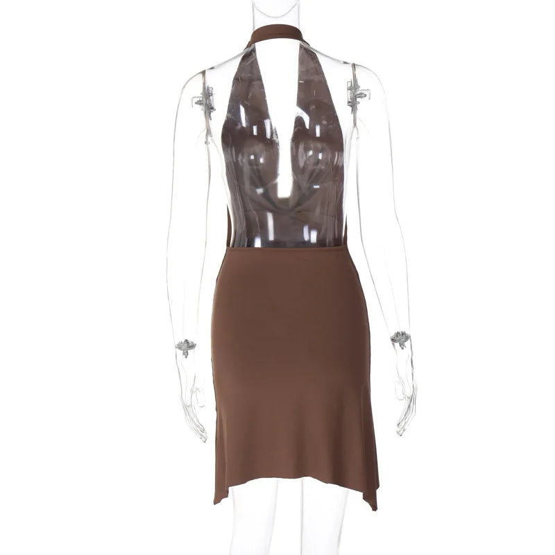 Mini Dress with Deep Draped Neckline and Asymmetric Design - Coral