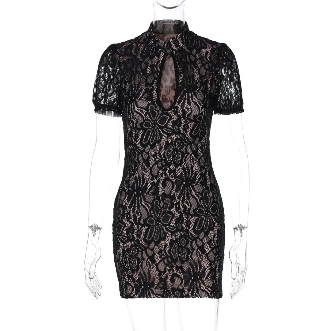 Lace mini dress with turtleneck collar and button decoration - Kimora