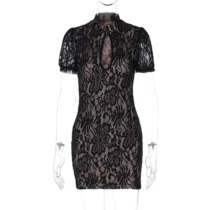 Lace mini dress with turtleneck collar and button decoration - Kimora