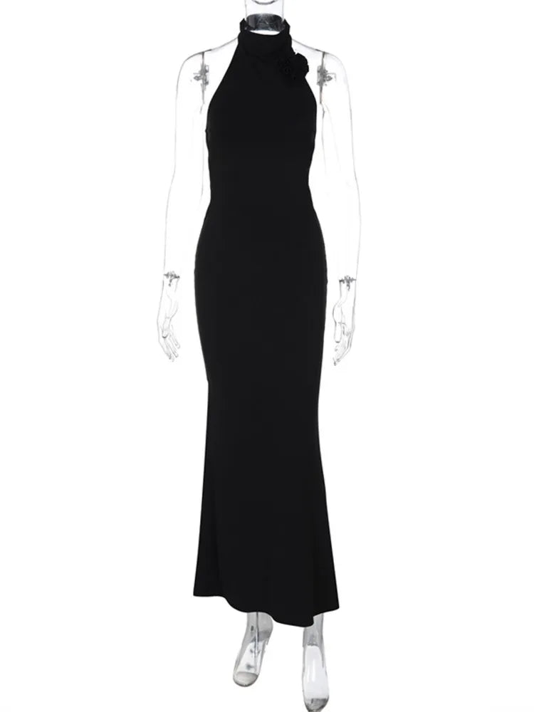 Knitted Collar Maxi Dress with Flower Decoration and Open Back - Amalia