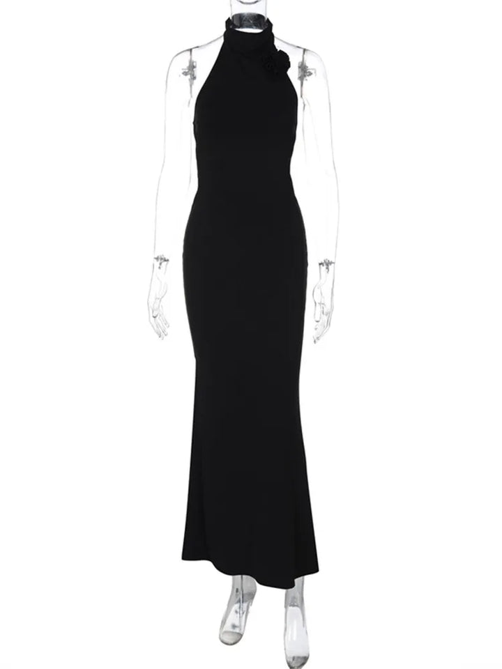 Knitted Collar Maxi Dress with Flower Decoration and Open Back - Amalia