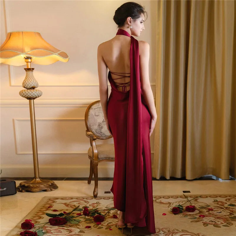 Asymmetric satin maxi dress with neck wrap design - Angela