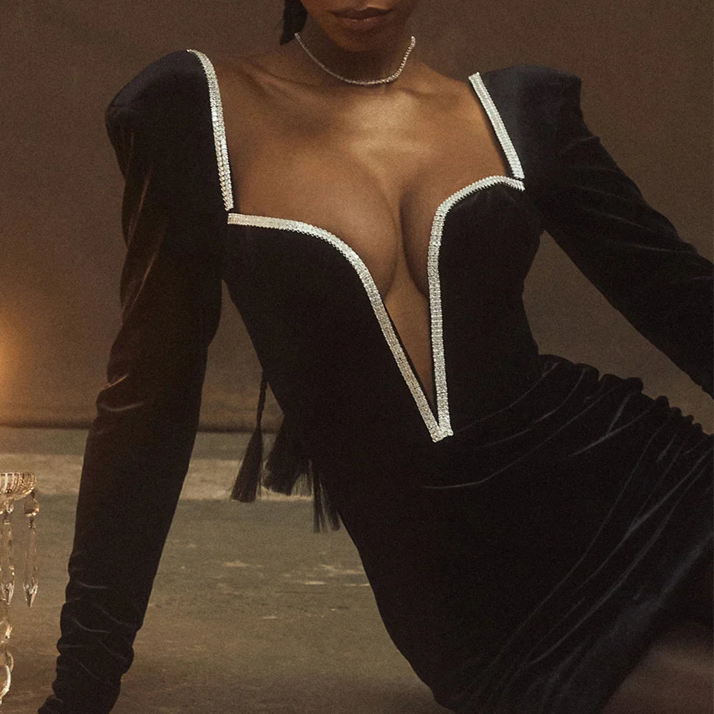 Mini velvet dress with deep V neckline decorated with diamonds - SANA