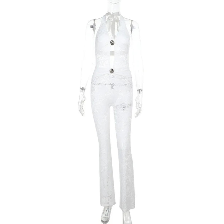Long lace jumpsuit with open back and buckle details - Brighton