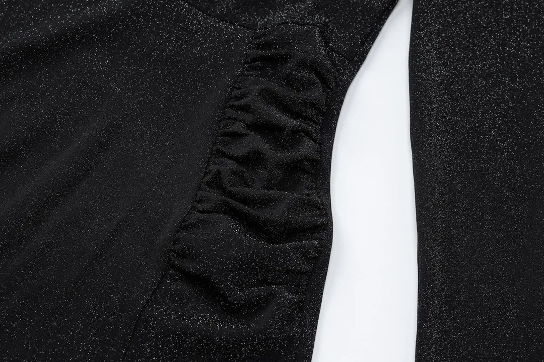 Sequin Maxi Dress with Half Turtleneck, Ruched Design, and Short Slit - Hazel