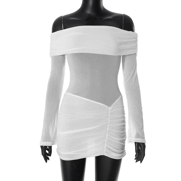 A-Line Mini Sequin Dress with Ruching and Off-Shoulder Design - Kiara