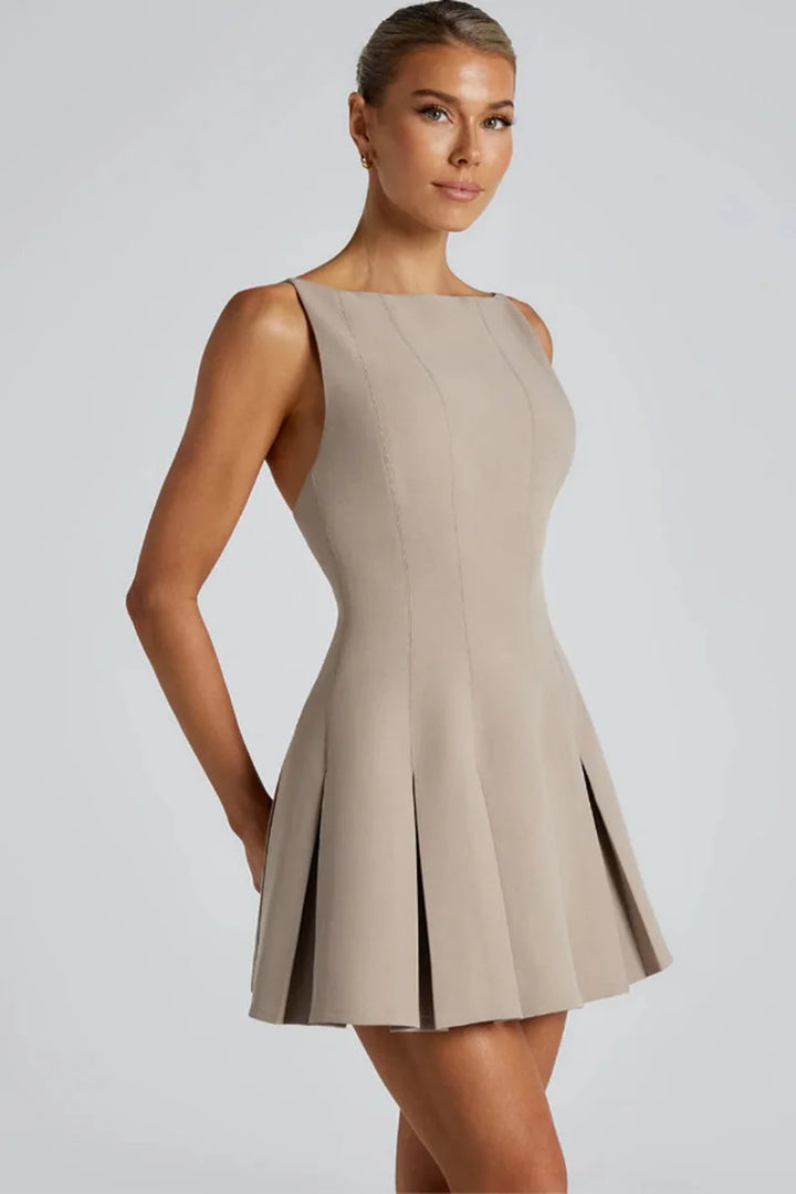 A-line Pleated Mini Dress with Open Back - Judith