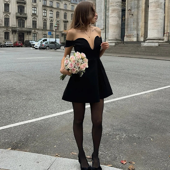Mini A-line dress with off-shoulder V-neck - AMOR