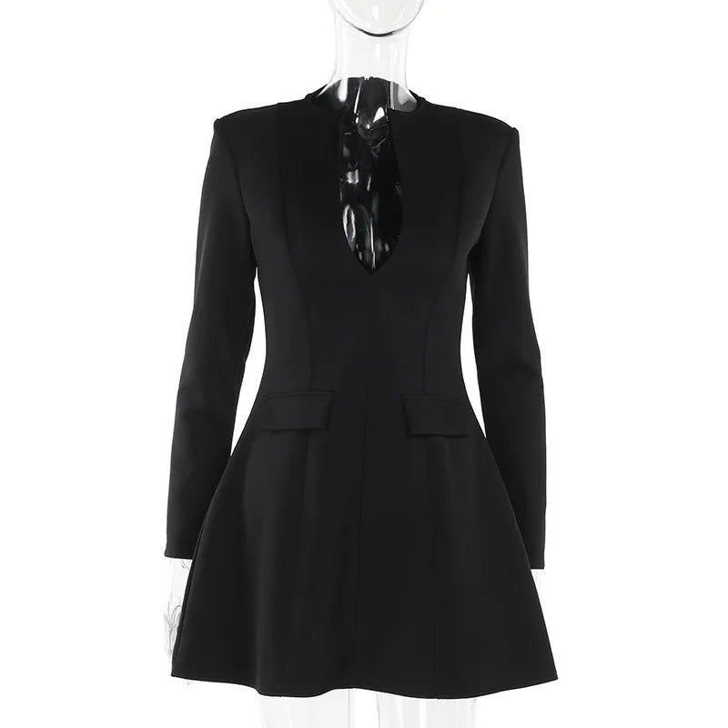 A-Line Mini Dress with Deep Neckline and Pocket Details - Bianca