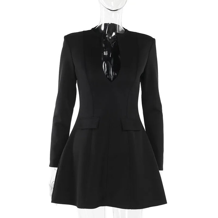 A-Line Mini Dress with Deep Neckline and Pocket Details - Bianca